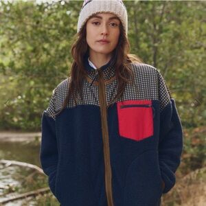 THE GREAT. Navy and Red Fleece Jacket with Patterned Yoke